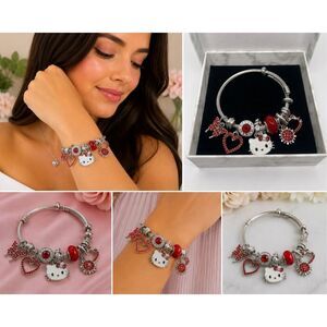 Hello Kitty Charm Bracelet Red Rhinestone Silver Tone Bangle – New